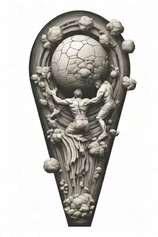 myth of sisyphus pushing a boulder, fibonacci spiral showing  with cosmic vibe tattoo design idea