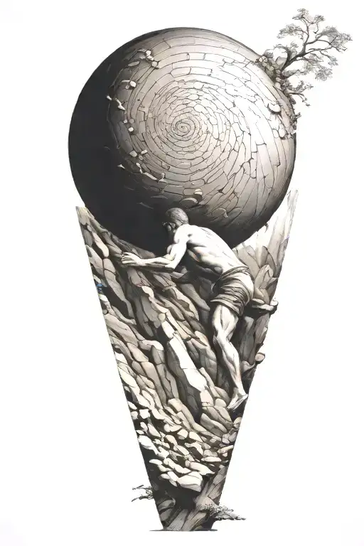 myth of sisyphus pushing a rock. fibonacci spiral with cosmic vibe tattoo design idea