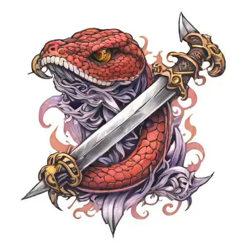 red snake coiled around a longsword with purple tinted flames tattoo design idea
