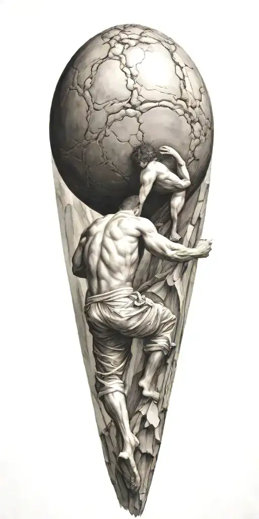 myth of sisyphus pushing a boulder uphill with fibonacci spiral tattoo design idea