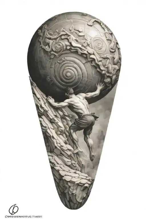 myth of sisyphus pushing a rock. fibonacci spiral with cosmic vibe tattoo design idea