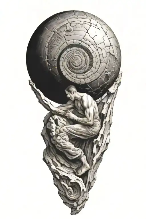 myth of sisyphus pushing a rock. fibonacci spiral with cosmic vibe tattoo design idea