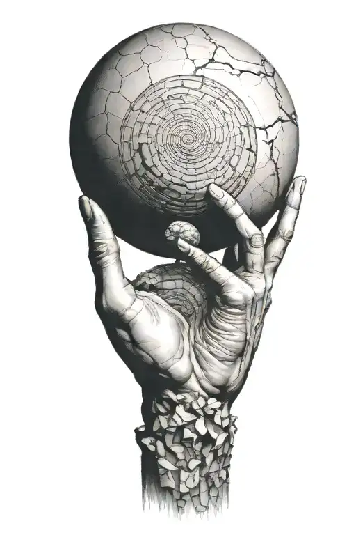 myth of sisyphus pushing a rock. fibonacci spiral with cosmic vibe tattoo design idea