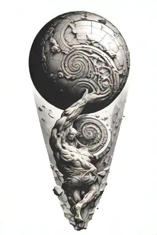 myth of sisyphus pushing a rock. fibonacci spiral with cosmic vibe tattoo design idea