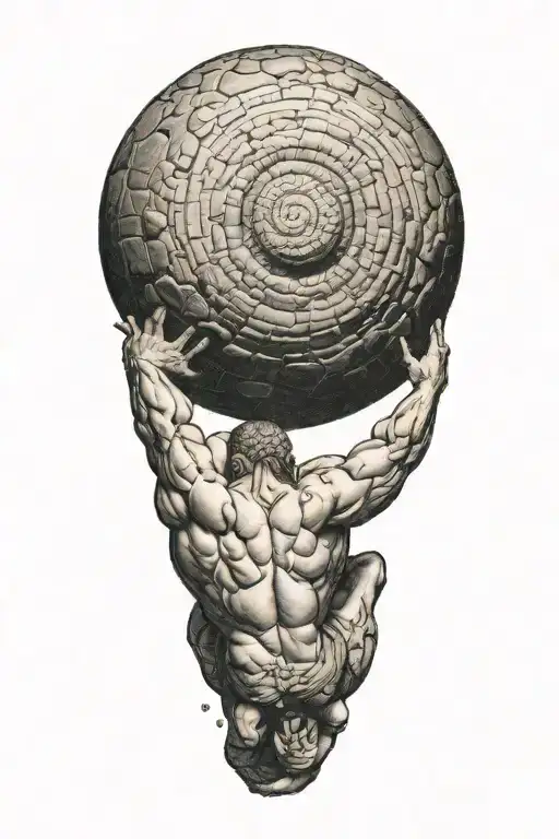 myth of sisyphus pushing a boulder, fibonacci spiral showing  in the boulder  tattoo design idea