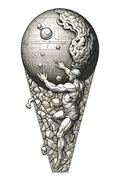 myth of sisyphus pushing a boulder, fibonacci spiral showing  in the boulder  tattoo design idea