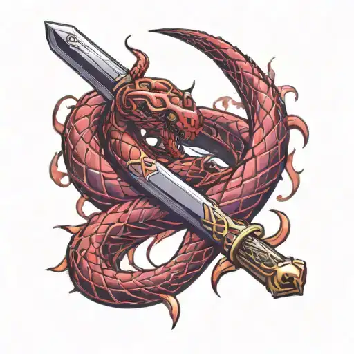 red snake coiled around a longsword with purple tinted flames tattoo design idea