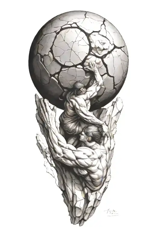 sisyphus pushing a rock , fibonacci spiral forming inside the rock tattoo design idea