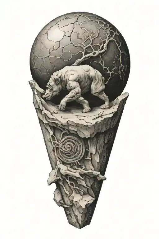 myth of sisyphus pushing a boulder, fibonacci spiral showing  in the boulder  tattoo design idea