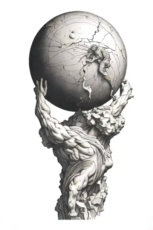 myth of sisyphus pushing a rock. fibonacci spiral with cosmic vibe tattoo design idea