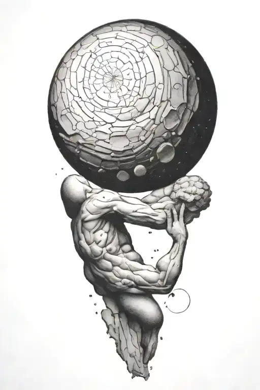 sisyphus pushing a rock, fibonacci spiral galaxy on the rock  tattoo design idea