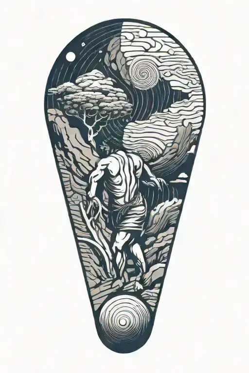  King Sisyphus pushing a boulder, fibonacci spiral on the boulder   tattoo design idea