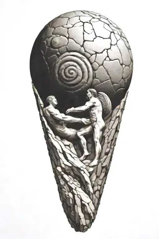 myth of sisyphus pushing a rock. fibonacci spiral forming inside the rock tattoo design idea