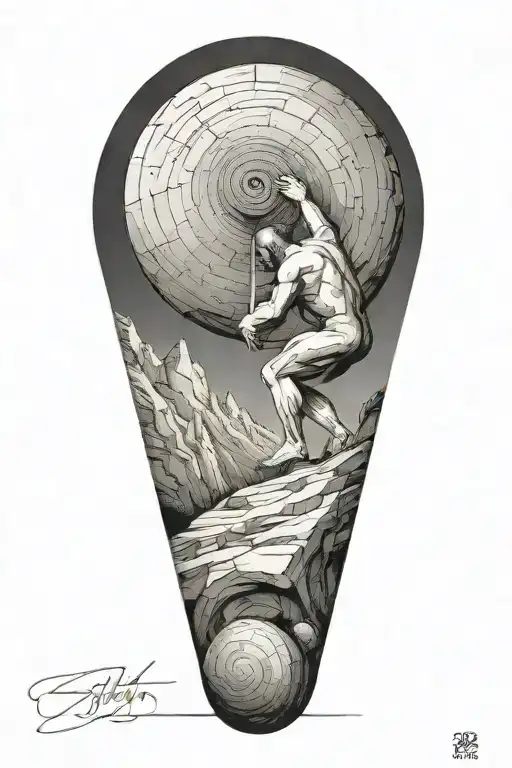 sisyphus pushing a boulder uphill. combined with fibonacci's spiral inside the boulder  tattoo design idea