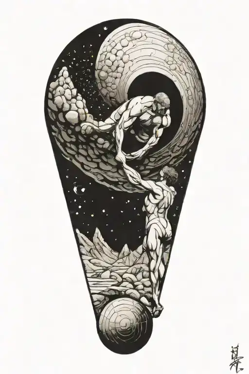 myth of sisyphus pushing a rock, fibonacci spiral galaxy tattoo design idea