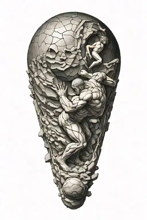 myth of King Sisyphus pushing a boulder, fibonacci spiral on the boulder  tattoo design idea