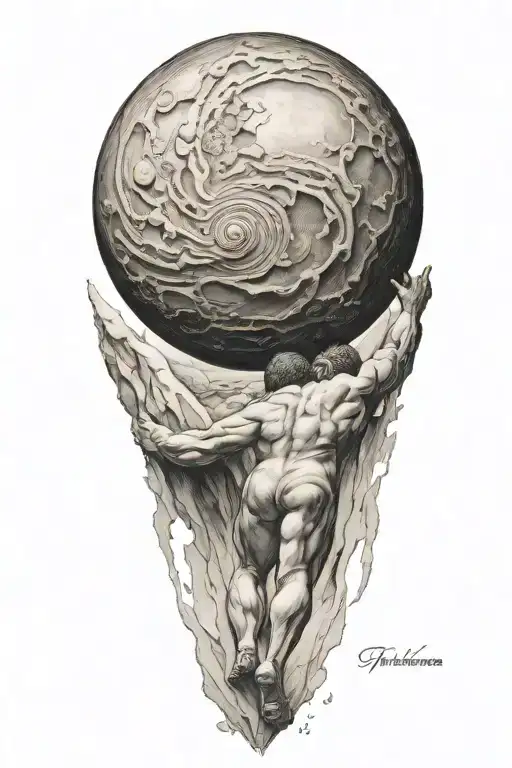myth of sisyphus pushing a rock, fibonacci spiral galaxy tattoo design idea
