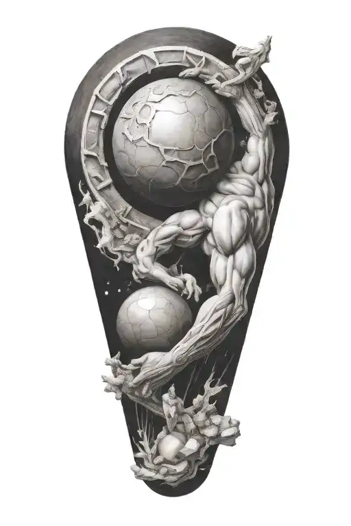 myth of sisyphus pushing a boulder, fibonacci spiral with cosmic vibe tattoo design idea