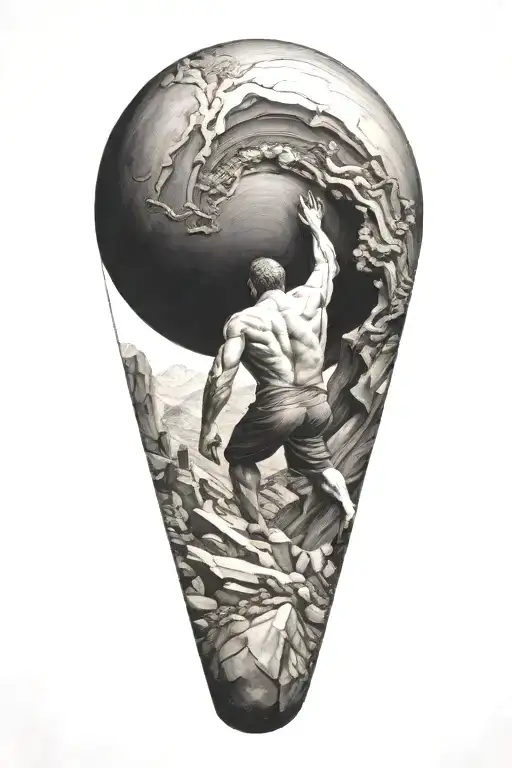 myth of sisyphus pushing a boulder uphill with fibonacci spiral tattoo design idea