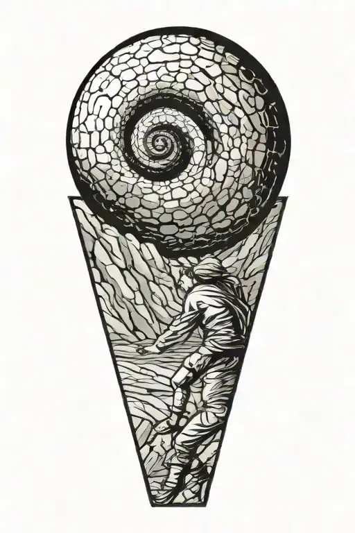 sisyphus pushing a rock, fibonacci spiral galaxy on the rock  tattoo design idea