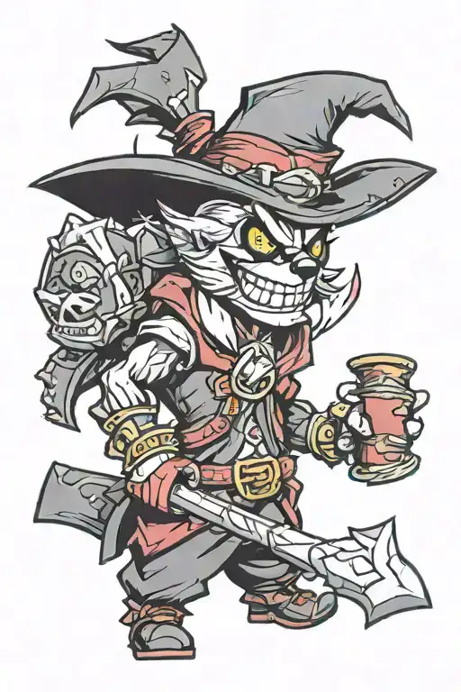 Shaco from League of Legends, wearing Rabadon's Deathcap, a magic hat also from league of legends lore tattoo design idea