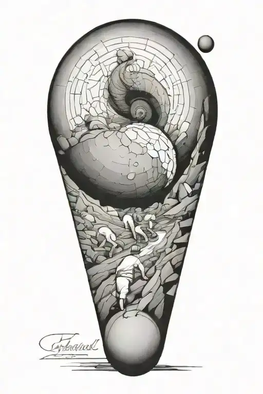 sisyphus pushing a boulder uphill. combined with fibonacci's spiral inside the boulder  tattoo design idea