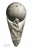 myth of sisyphus pushing a rock. fibonacci spiral with cosmic vibe tattoo design idea