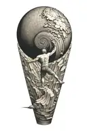 myth of sisyphus pushing a rock. fibonacci spiral with cosmic vibe tattoo design idea