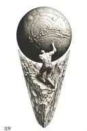 myth of sisyphus pushing a rock. fibonacci spiral with cosmic vibe tattoo design idea