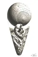 myth of sisyphus pushing a rock. fibonacci spiral with cosmic vibe tattoo design idea