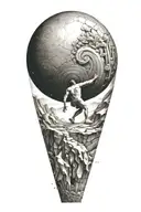 myth of sisyphus pushing a rock. fibonacci spiral with cosmic vibe tattoo design idea