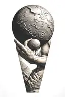 myth of sisyphus pushing a rock. fibonacci spiral with cosmic vibe tattoo design idea