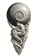 myth of sisyphus pushing a rock. fibonacci spiral with cosmic vibe tattoo design idea