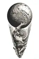 myth of sisyphus pushing a rock. fibonacci spiral with cosmic vibe tattoo design idea