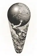 myth of sisyphus pushing a rock. fibonacci spiral with cosmic vibe tattoo design idea