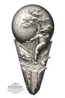 sisyphus pushing a boulder uphill. combined with fibonacci's spiral inside the boulder  tattoo design idea