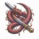 red snake coiled around a longsword with purple tinted flames tattoo design idea