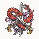 red snake coiled around a longsword with purple tinted flames tattoo design idea