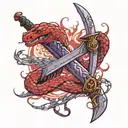 red snake coiled around a longsword with purple tinted flames tattoo design idea