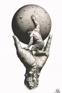 myth of sisyphus pushing a rock. fibonacci spiral with cosmic vibe tattoo design idea