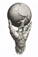 myth of sisyphus pushing a rock. fibonacci spiral with cosmic vibe tattoo design idea