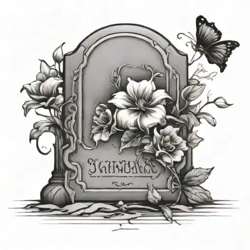 tombstone with single flowers at the base tattoo design idea