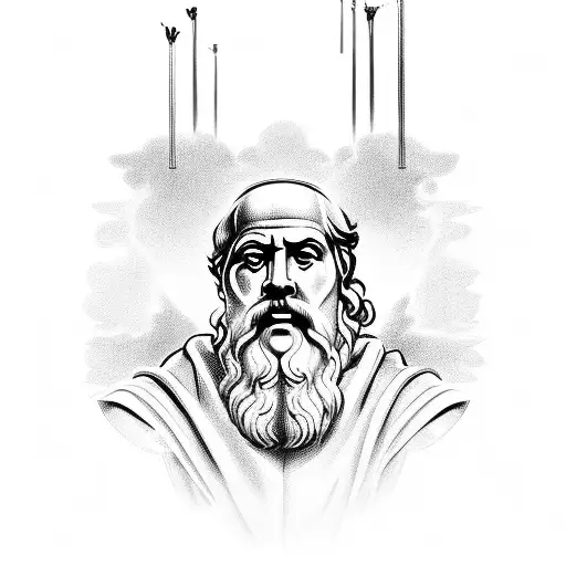 A Greek philosopher's face, such as Socrates or Aristotle, adorned with lightning bolts representing Zeus tattoo design idea