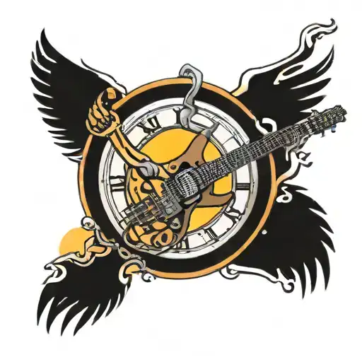guitar, hendrix, wings, jail bars, sunset, wind, mechanical, time tattoo design idea
