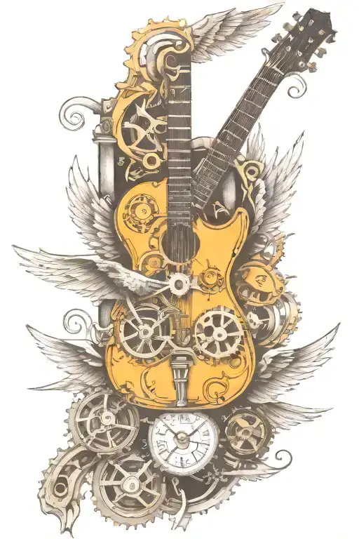 wings jail bars guitar mechanical gears time freedom  tattoo design idea