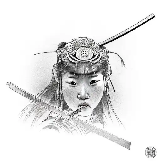 Samurai girl holding a lion with a leash around japanese houses tattoo design idea