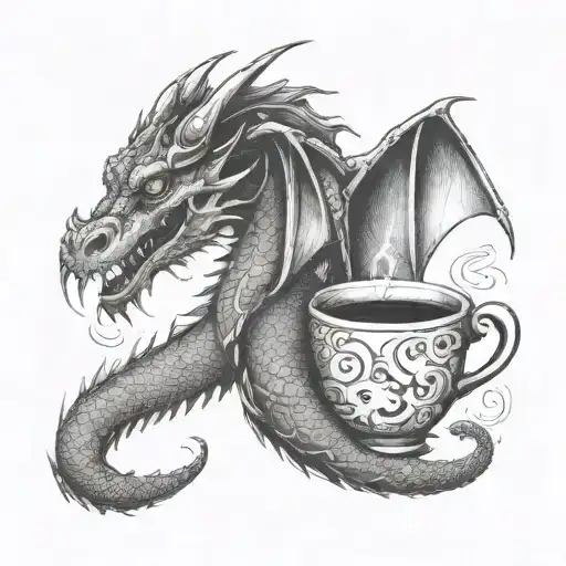 A dragon breathing fire in the shape of coffee cups, representing your love for dragons and being a barista tattoo design idea