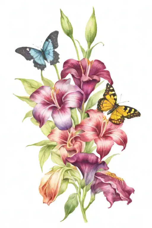 A purple 1992 Toyota Celica GT4, A red 1975 Toyota Celica GT Coupe, Burgundy Calla Lillies, and A golden Butterfly. tattoo design idea