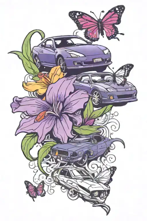 A purple 1992 Toyota Celica GT4, A red 1975 Toyota Celica GT Coupe, Burgundy Calla Lillies, and A golden Butterfly. tattoo design idea