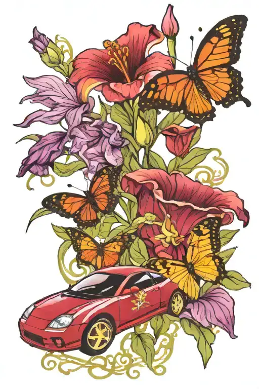 A purple 1992 Toyota Celica GT4, A red 1975 Toyota Celica GT Coupe, Burgundy Calla Lillies, and A golden Butterfly. tattoo design idea